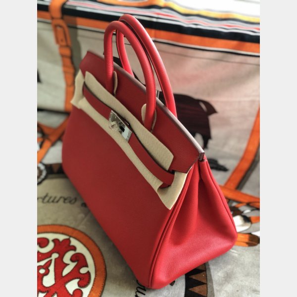 Hermes Birkin Epsom leather Handbags Red Silver