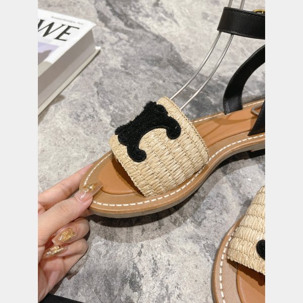 Top Quality Celine LYMPIA FLAT STRAP SANDAL in RAFFIA & CALFSKIN