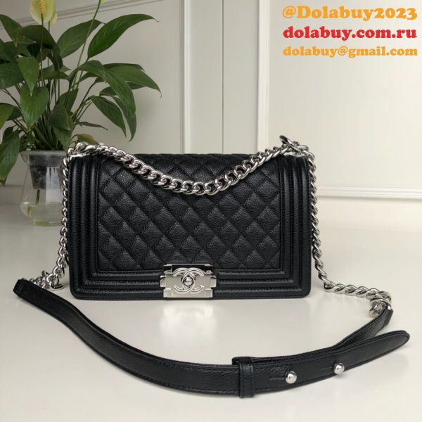 AAA+ CC Le Boy  Luxury Replica Black Bags Caviar 25cm